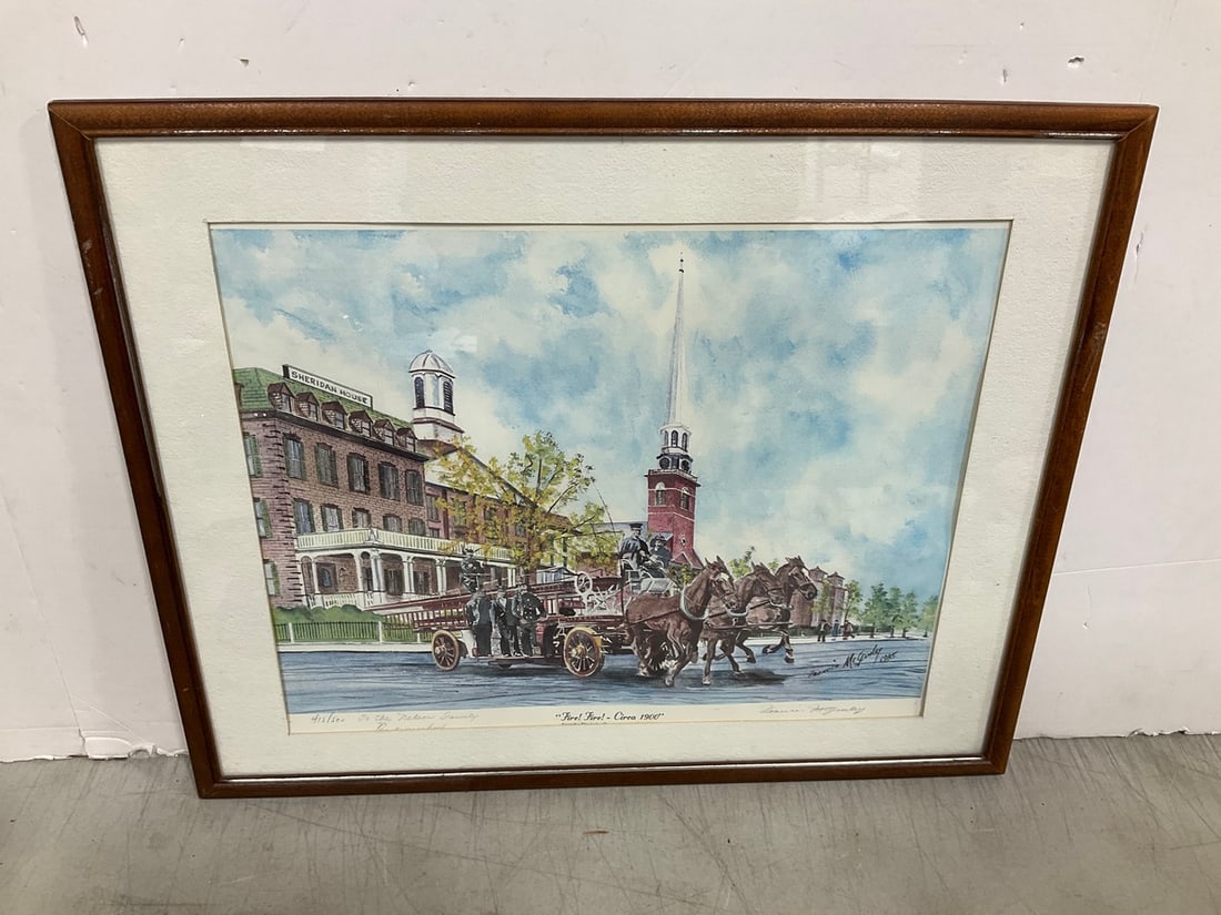 Framed 'Fire! Fire! Circa 1900' Art Print Signed Francis J McGinley (17inx21in): Framed 'Fire! Fire! Circa 1900' Art Print Signed Francis J McGinley (17inx21in)