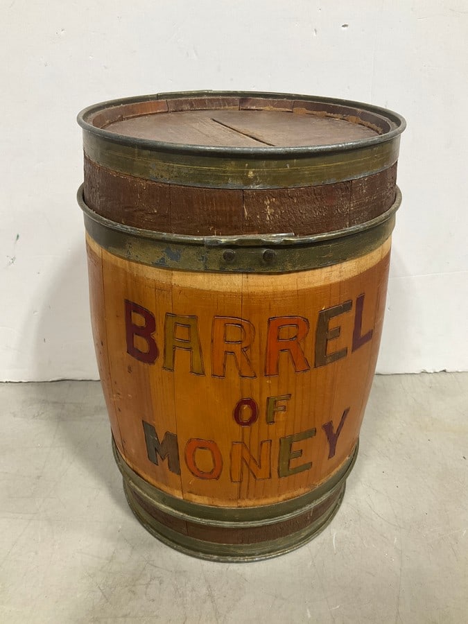 Wooden Barrel of Money Bank (15in Tall): Wooden Barrel of Money Bank (15in Tall)