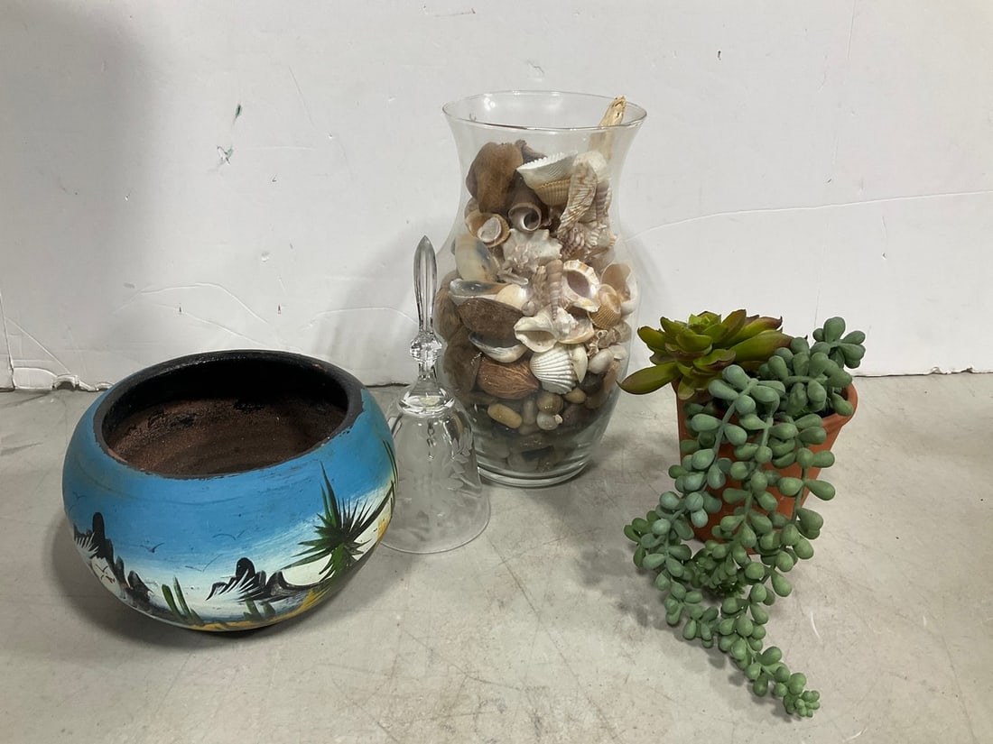 Glass Vase Full of Shells, Glass Bell, Handpainted Planter, and more: Glass Vase Full of Shells, Glass Bell, Handpainted Planter, and more