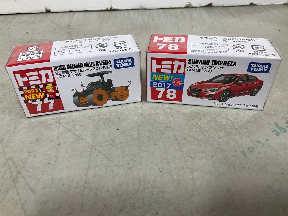 Tomy Hitachi Macadam Roller ZC125M-5 and Subaru Impreza Model Cars *new in boxes*: Tomy Hitachi Macadam Roller ZC125M-5 and Subaru Impreza Model Cars *new in boxes*