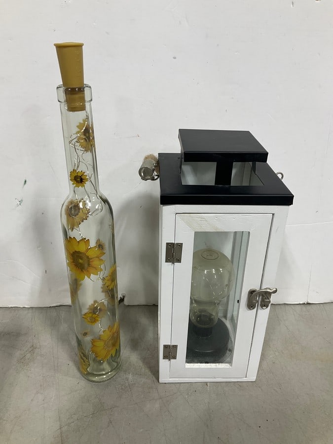 Battery Operated Lantern and Glass Bottle (Tallest - 14in): Battery Operated Lantern and Glass Bottle (Tallest - 14in)