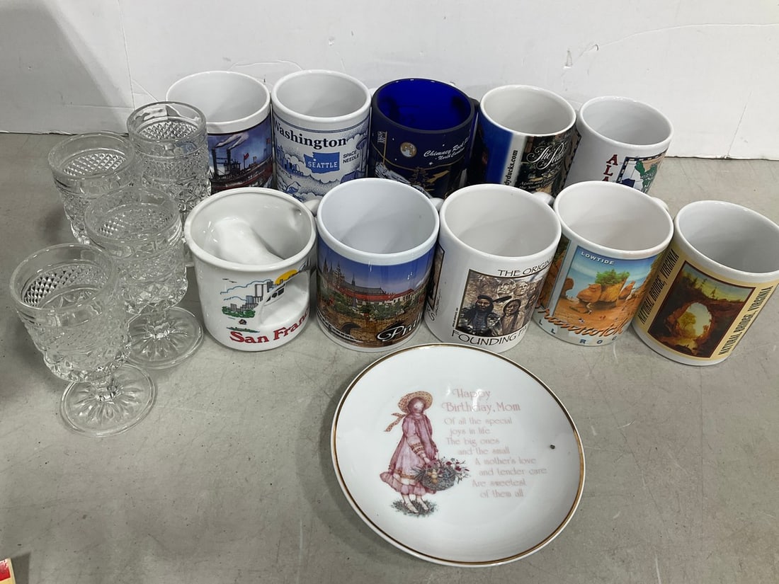 Various Ceramic Mugs, Crystal Glasses, and more: Various Ceramic Mugs, Crystal Glasses, and more