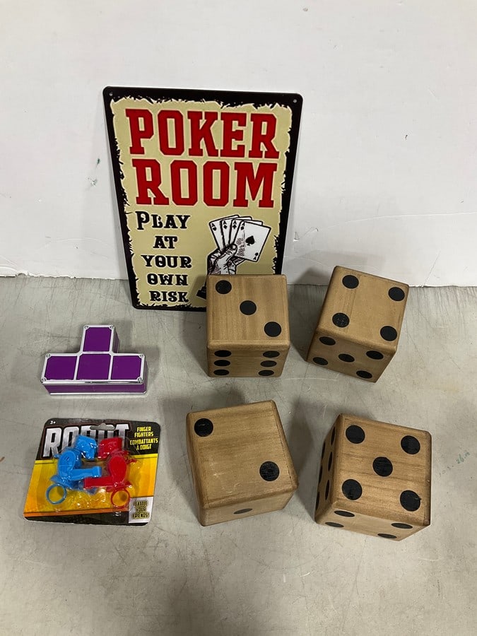 Poker Room Tin Sign (8inx12in), Wooden Dice, and more: Poker Room Tin Sign (8inx12in), Wooden Dice, and more