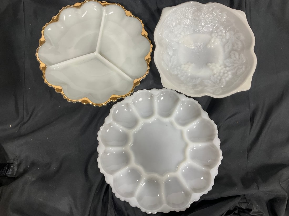 Vintage grape style milk glass deviled egg dish, serving dish, and more: Vintage grape style milk glass deviled egg dish, serving dish, and more