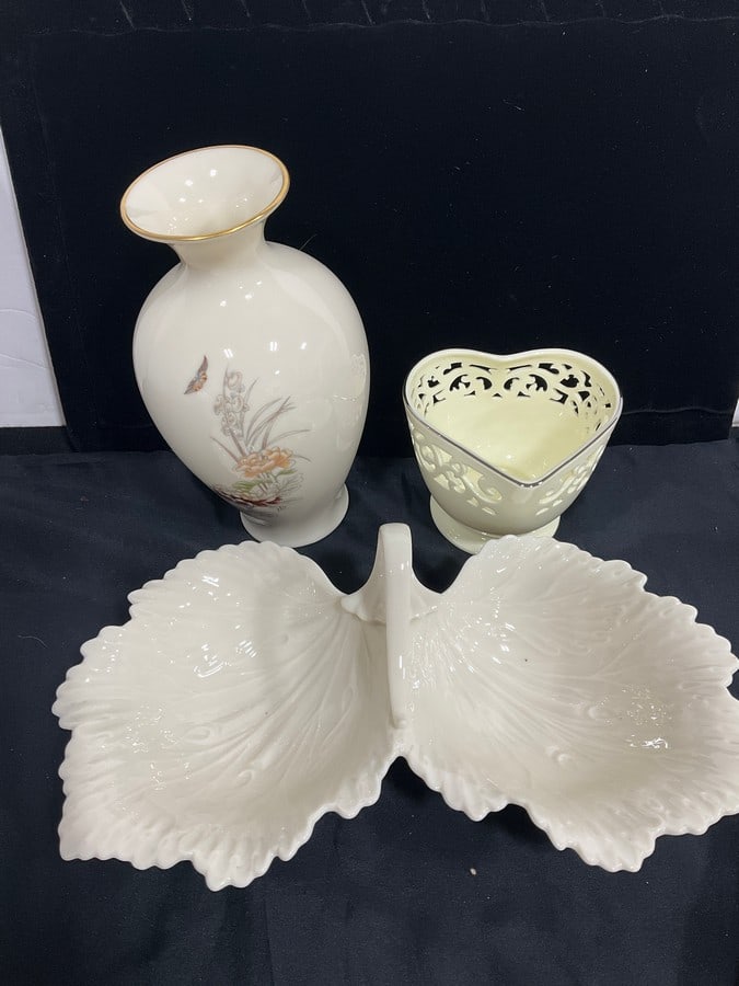 Lenox vase(7.5in.tall), porcelain double leaf candy dish, and more: Lenox vase(7.5in.tall), porcelain double leaf candy dish, and more