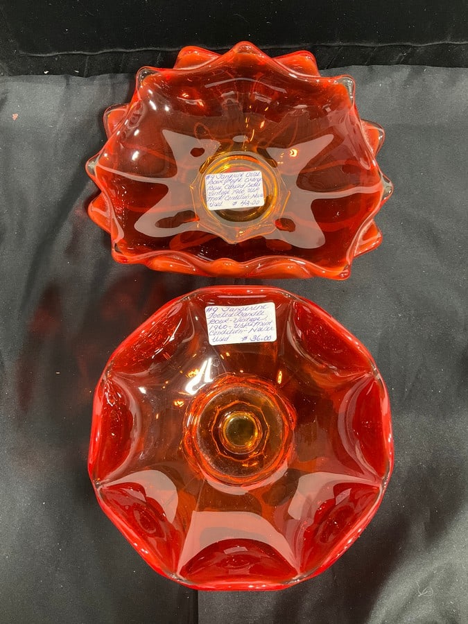 1960's tangerine footed candy bowl(3.5in.tall) and tangerine oval bowl: 1960's tangerine footed candy bowl(3.5in.tall) and tangerine oval bowl