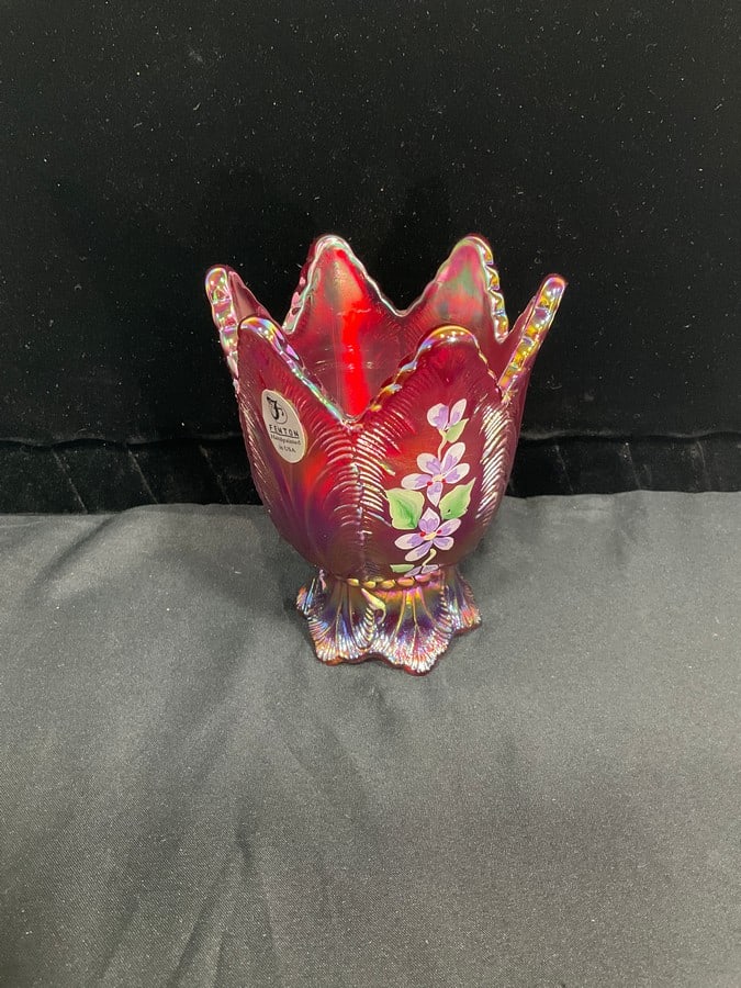 Fenton hand painted carnival glass vase signed by artist(5in.tall): Fenton hand painted carnival glass vase signed by artist(5in.tall)