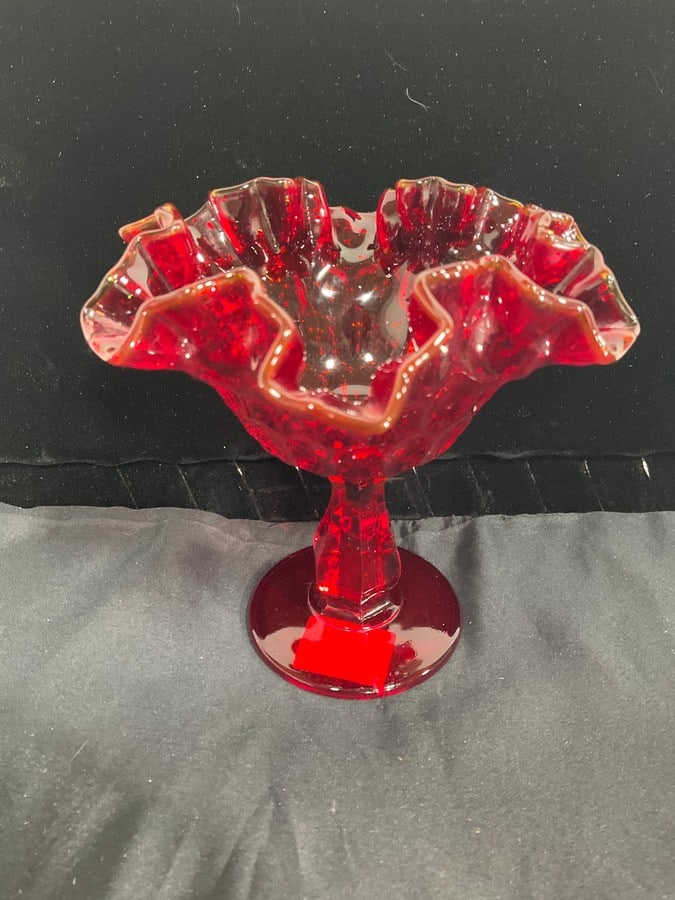 Vintage fenton ruffled dark ruby hobnail footed compote(6in.tall): Vintage fenton ruffled dark ruby hobnail footed compote(6in.tall)