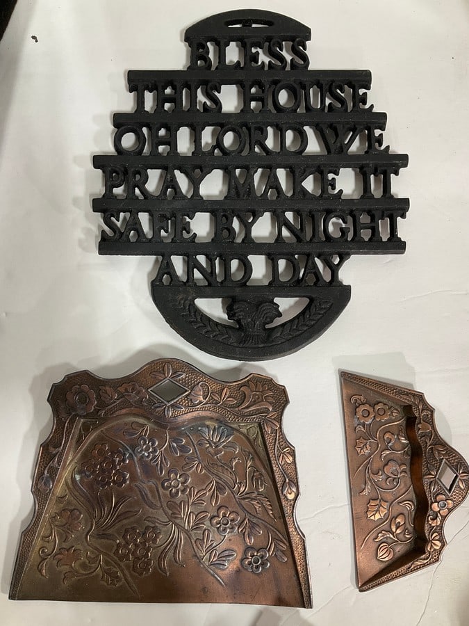 Vintage art metal crumber set and cast iron trivets: Vintage art metal crumber set and cast iron trivets