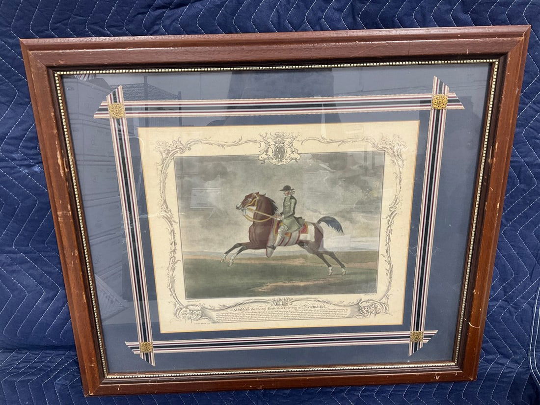 Framed 1755 Seymour Delin colored etching certificate of breeding for champion horse (1 of 1)