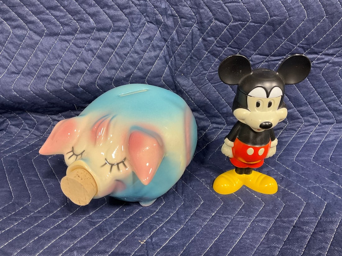 Avon Mickey Mouse bubble bath(7in.tall) and Hull pottery corky pig bank: Avon Mickey Mouse bubble bath(7in.tall) and Hull pottery corky pig bank