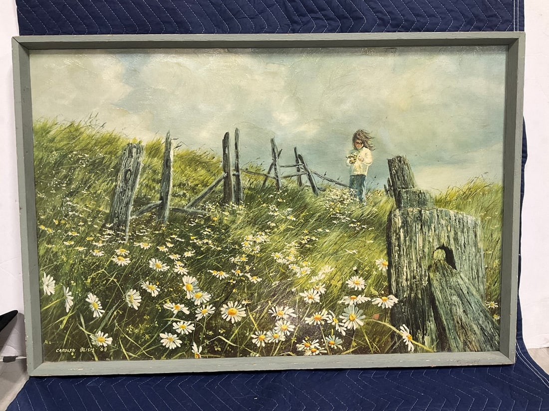 Framed Picking Daisies canvas painting by Carolyn Blish(25in.x37in.): Framed Picking Daisies canvas painting by Carolyn Blish(25in.x37in.)