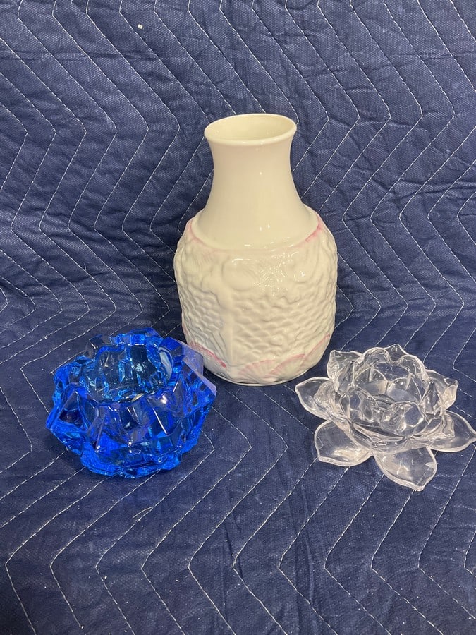 Belleek vase and glass candleholders(blue one 3in.tall): Belleek vase and glass candleholders(blue one 3in.tall)