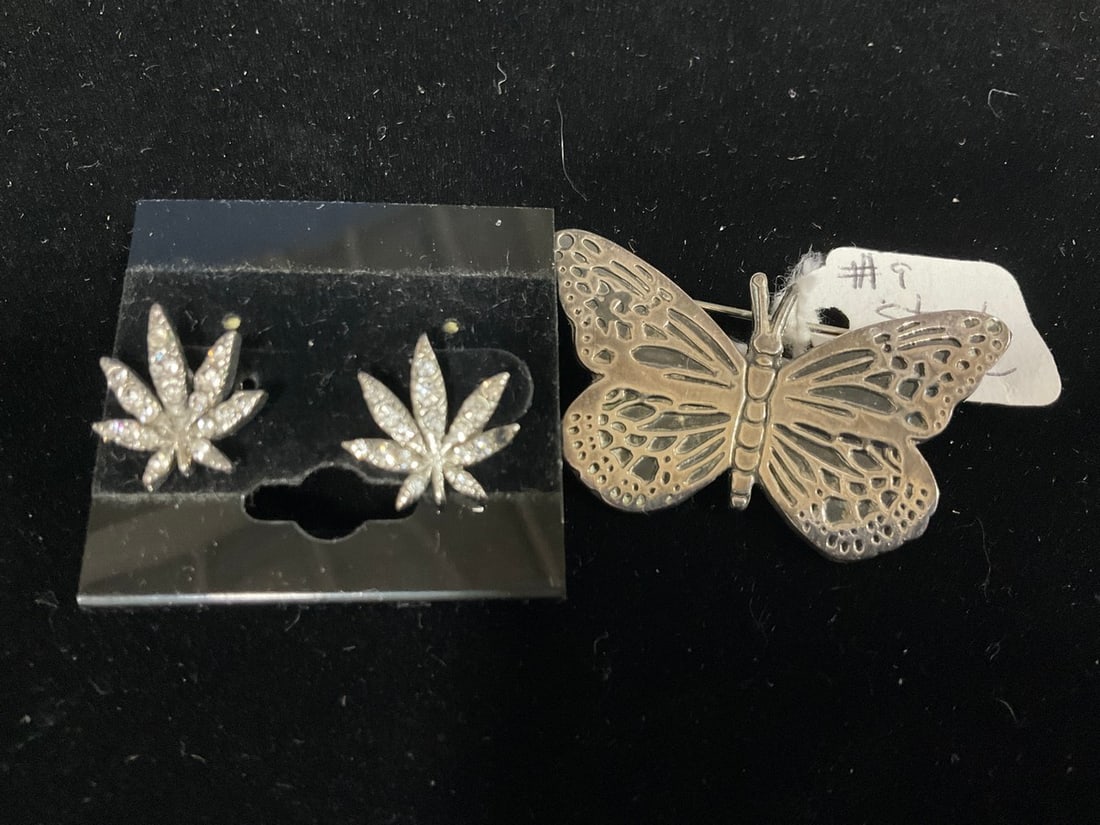 Sterling Silver Butterfly *Signed Mexico* and Pair of Sterling Cannabis Earrings (176 grams): Sterling Silver Butterfly *Signed Mexico* and Pair of Sterling Cannabis Earrings (176 grams)