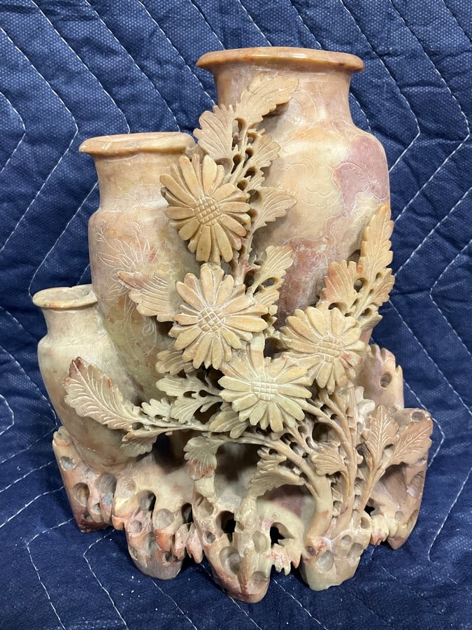 Vintage Chinese Carved Soapstone Triple Vase (8.5in Tall): Vintage Chinese Carved Soapstone Triple Vase (8.5in Tall)