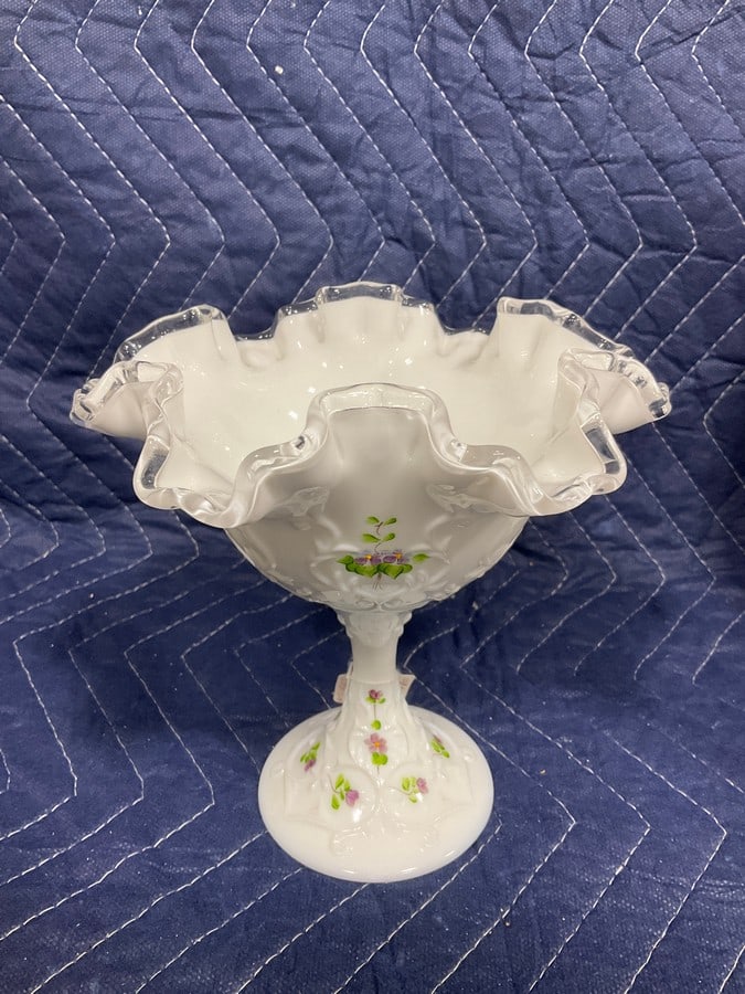 Handpainted Fenton Milk Glass Candy Dish (7in Tall): Handpainted Fenton Milk Glass Candy Dish (7in Tall)