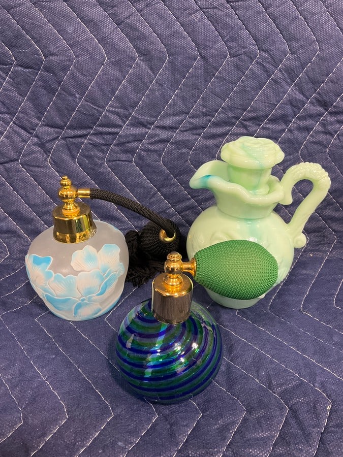 Vintage glass perfume bottles and jadeite decanter: Vintage glass perfume bottles and jadeite decanter