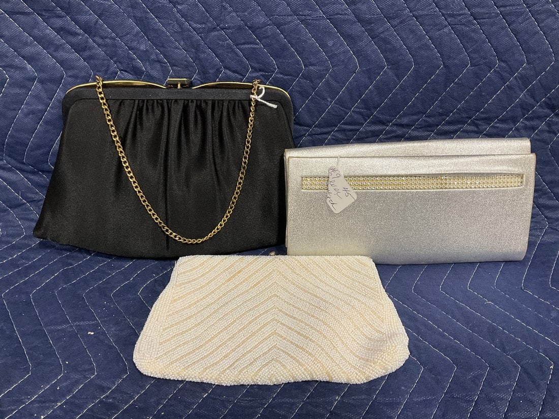 Vintage silver lame clutch, Richere white bead clutch, and more: Vintage silver lame clutch, Richere white bead clutch, and more