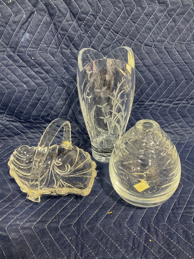 Atlantis lead crystal vase, etched vase(10.5in.tall), and glass basket: Atlantis lead crystal vase, etched vase(10.5in.tall), and glass basket