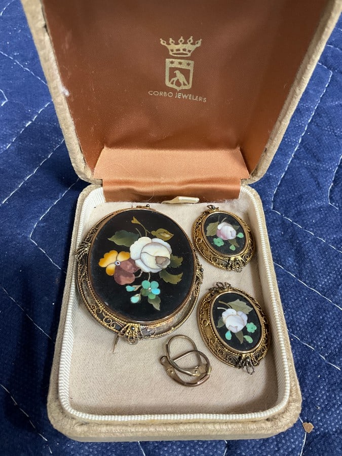 Antique pietra dura style brooch and earring disks: Antique pietra dura style brooch and earring disks