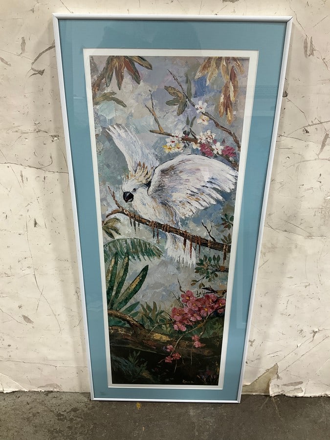 Framed Parrots in Paradise II print signed Rocca (17in.x39.5in.): Framed Parrots in Paradise II print signed Rocca (17in.x39.5in.)