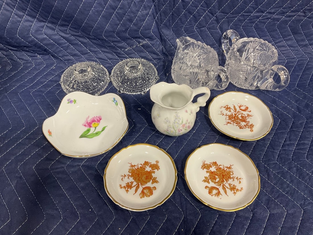 Crystal cut pitcher, candleholders, and more(tallest 3.5in.): Crystal cut pitcher, candleholders, and more(tallest 3.5in.)