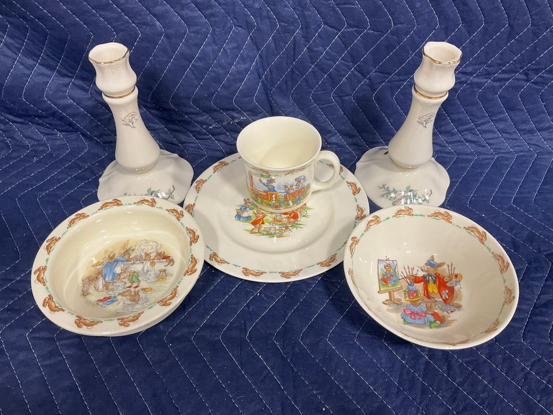 Bunnykins Royal Doulton plates/cup and Lenox candleholders(6in.tall): Bunnykins Royal Doulton plates/cup and Lenox candleholders(6in.tall)