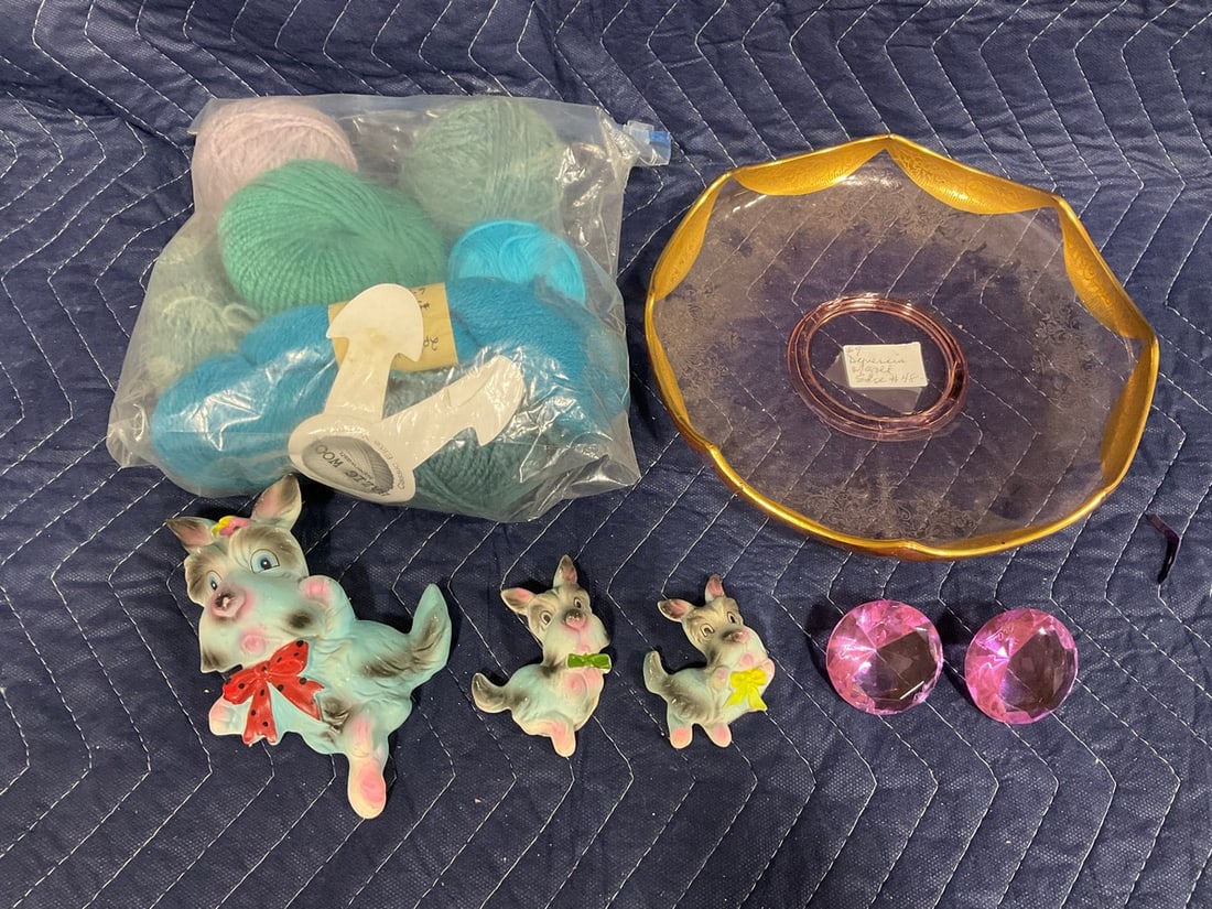 Depression bowl with gold trim(9.5in.across), Oleg Cassini paperweights, and more: Depression bowl with gold trim(9.5in.across), Oleg Cassini paperweights, and more