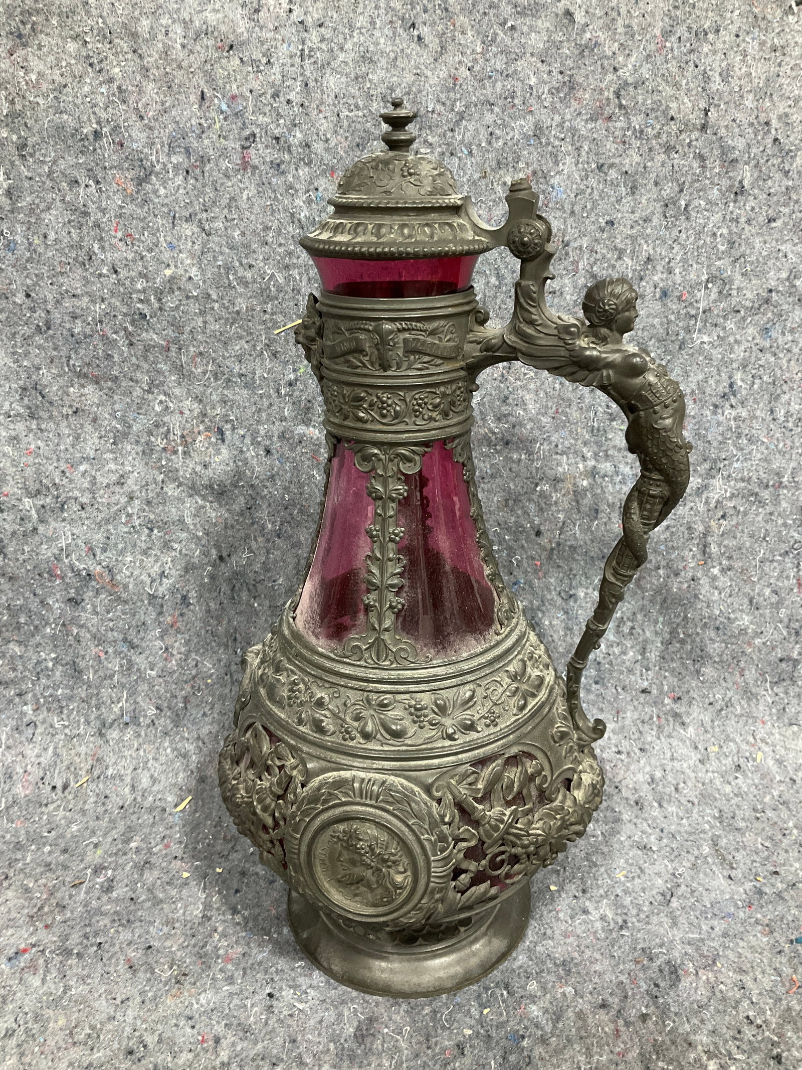 19th century german pewter cranberry glass claret jug(14.5in.tall): 19th century german pewter cranberry glass claret jug(14.5in.tall)