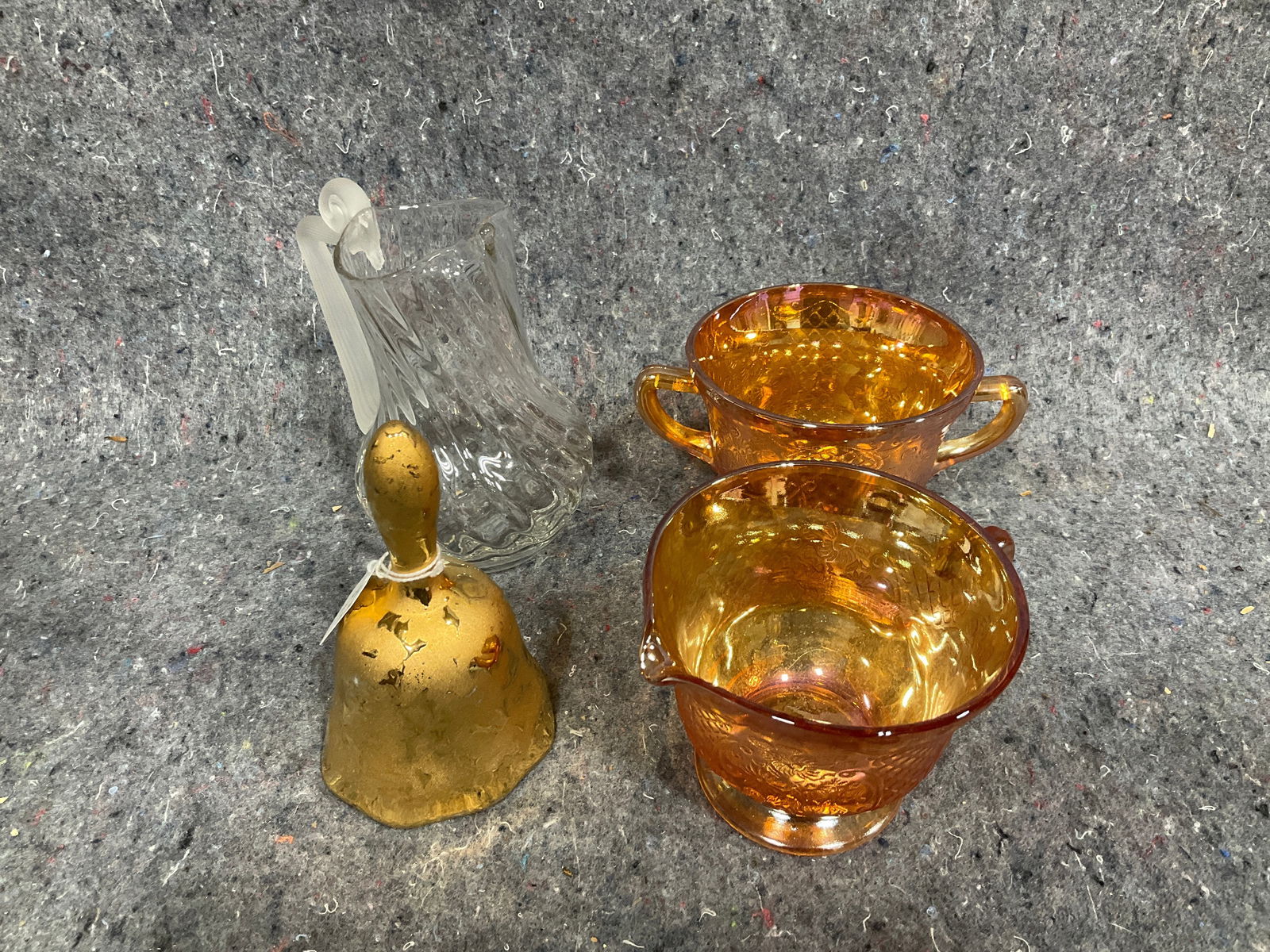 Federal glass marigold sugar/creamer set, gold toned bell, and more: Federal glass marigold sugar/creamer set, gold toned bell, and more