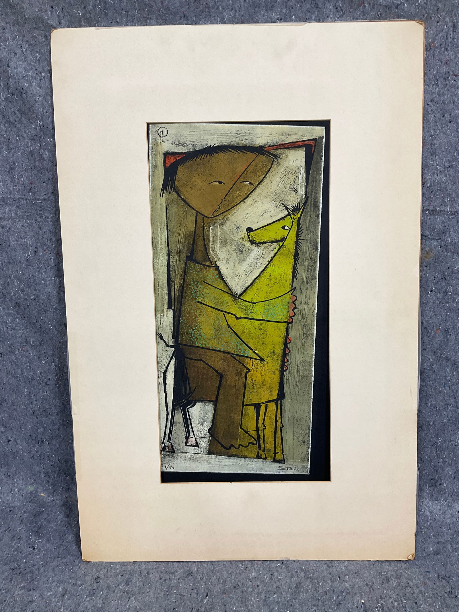 Linocut print signed Angel Botello(21in.x32in.): Angel Botello (Spanish/Puerto Rican, 1913 - 1986). Linocut on paper titled "Juan a Caballo"(Juan on Horseback) Depicting caricature Style figure riding a horse. Signed in plate along the lower right;