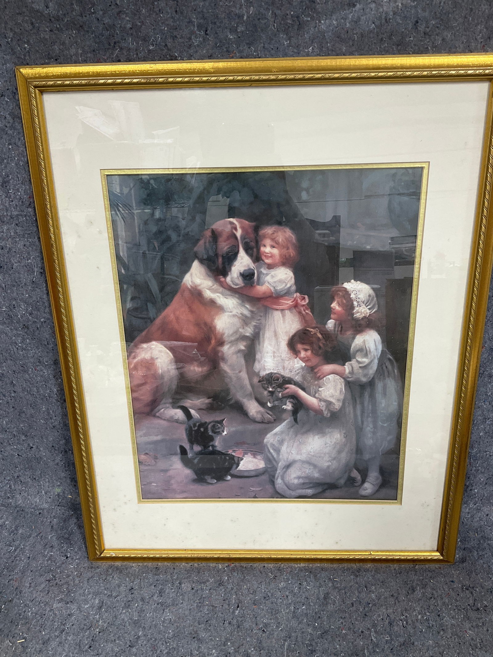 Framed children kittens and Saint bernard print(24inx30in): Framed children kittens and Saint bernard print(24inx30in)