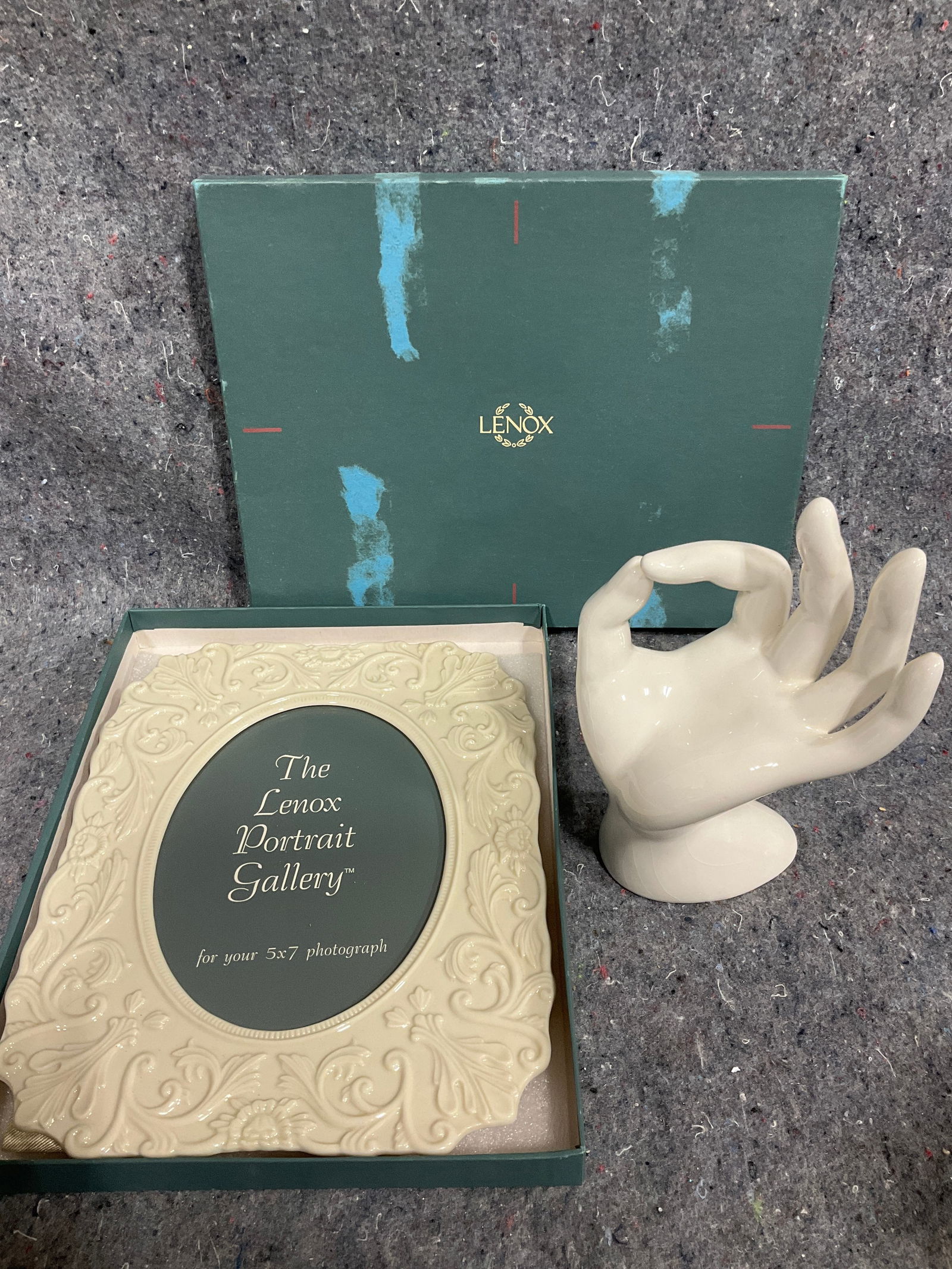 Lenox frame(holds 5x7 photographs) and white porcelain hand sculpture: Lenox frame(holds 5x7 photographs) and white porcelain hand sculpture