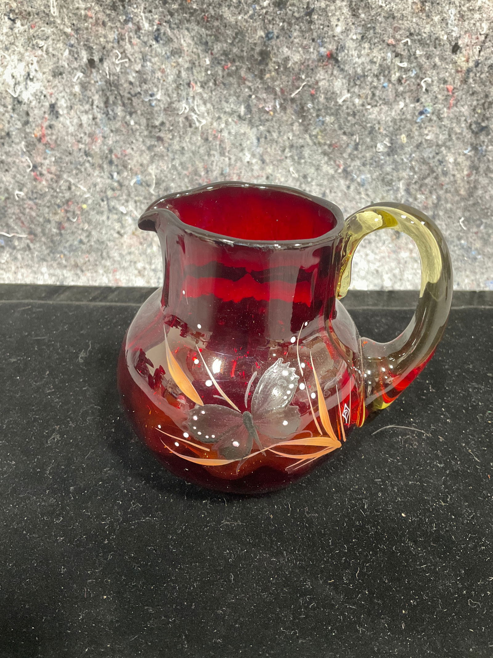 Vintage viking glass ruby red painted pitcher(3.5in tall): Vintage viking glass ruby red painted pitcher(3.5in tall)