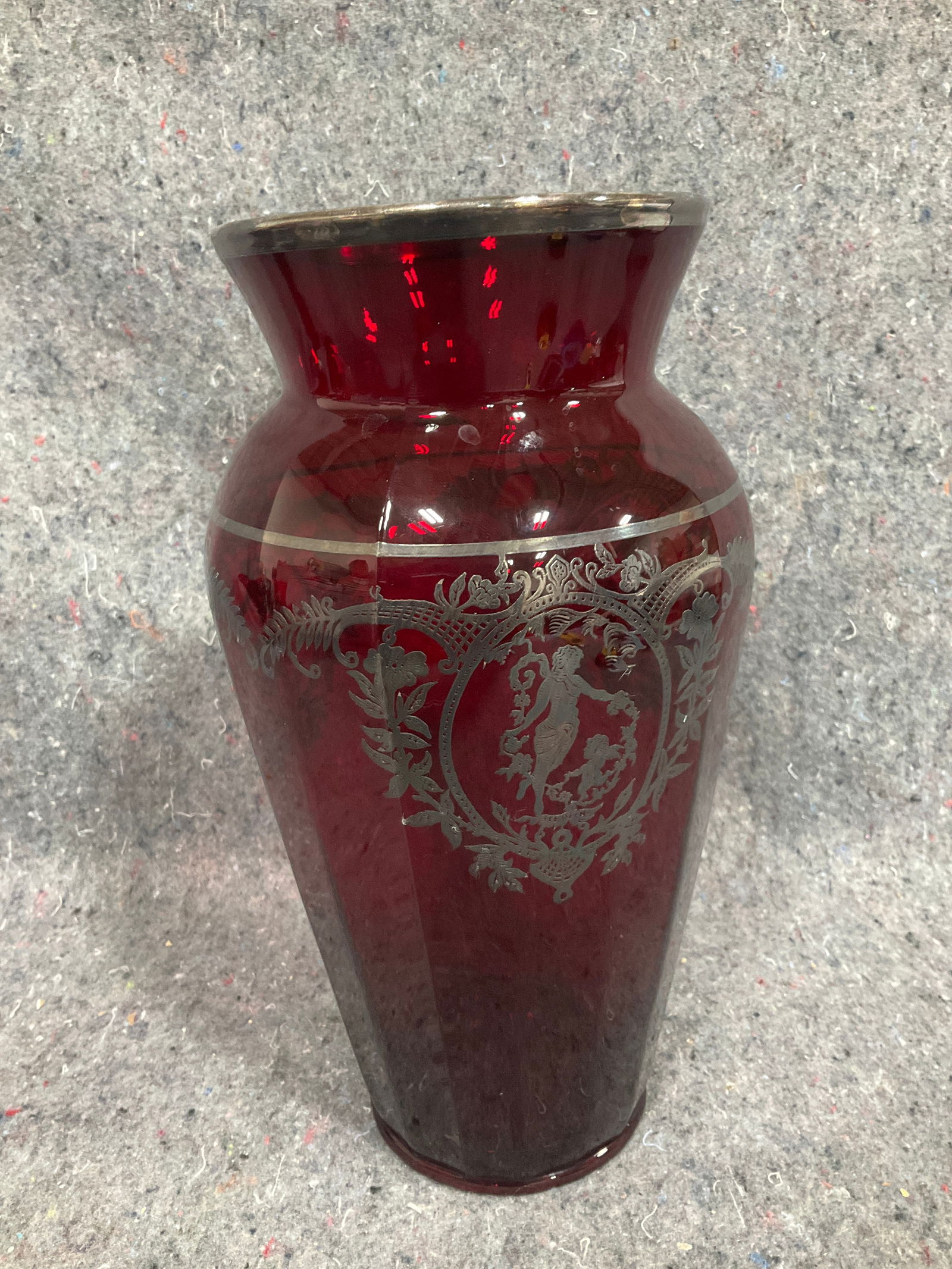 Ruby red glass vase with silver overlay(10in tall): Ruby red glass vase with silver overlay(10in tall)