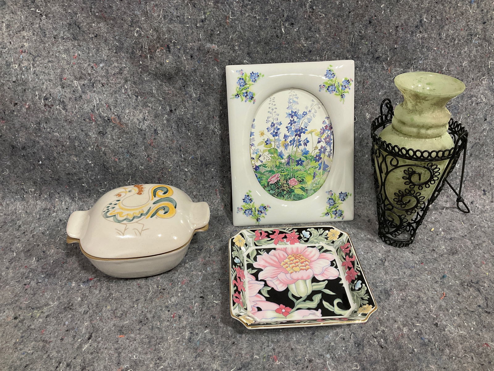 Vintage stoneware container with lid, floral trinket dish, and more: Vintage stoneware container with lid, floral trinket dish, and more