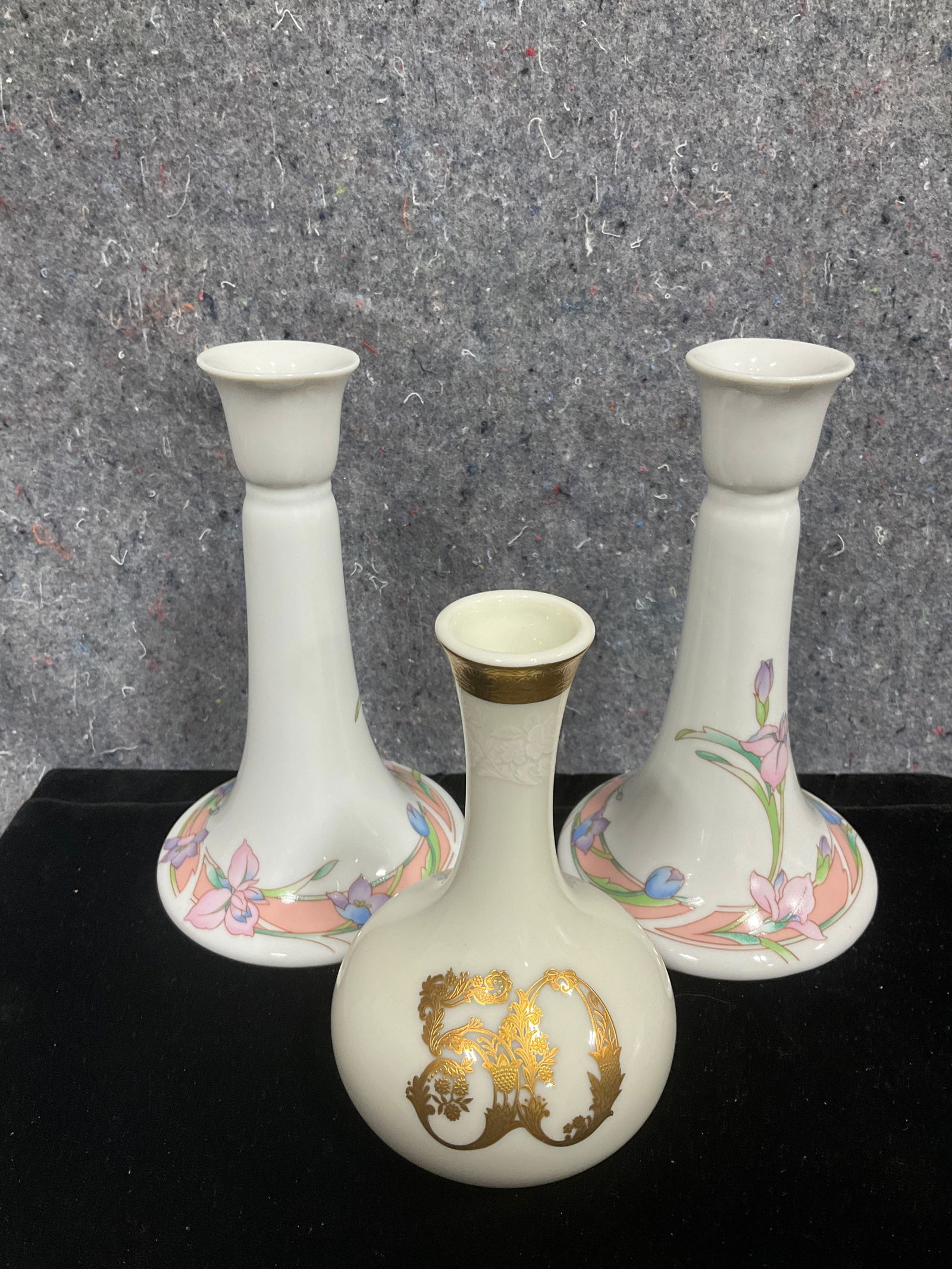 Mikasa vase and floral candlestick holders(7in tall): Mikasa vase and floral candlestick holders(7in tall)