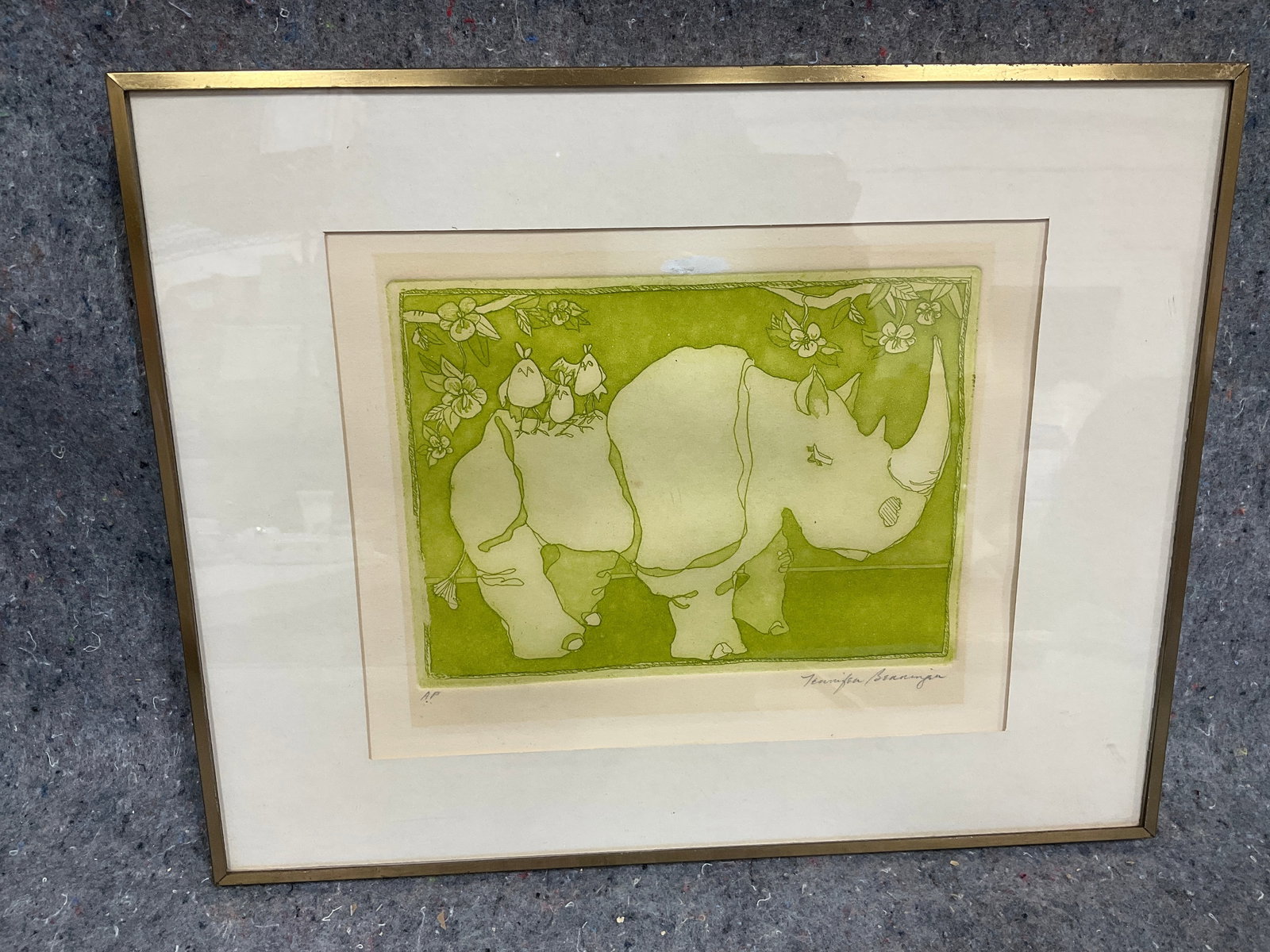 Framed Rhinohippie etching by Jennifer Sammon(11.5inx14.5in): Framed Rhinohippie etching by Jennifer Sammon(11.5inx14.5in)