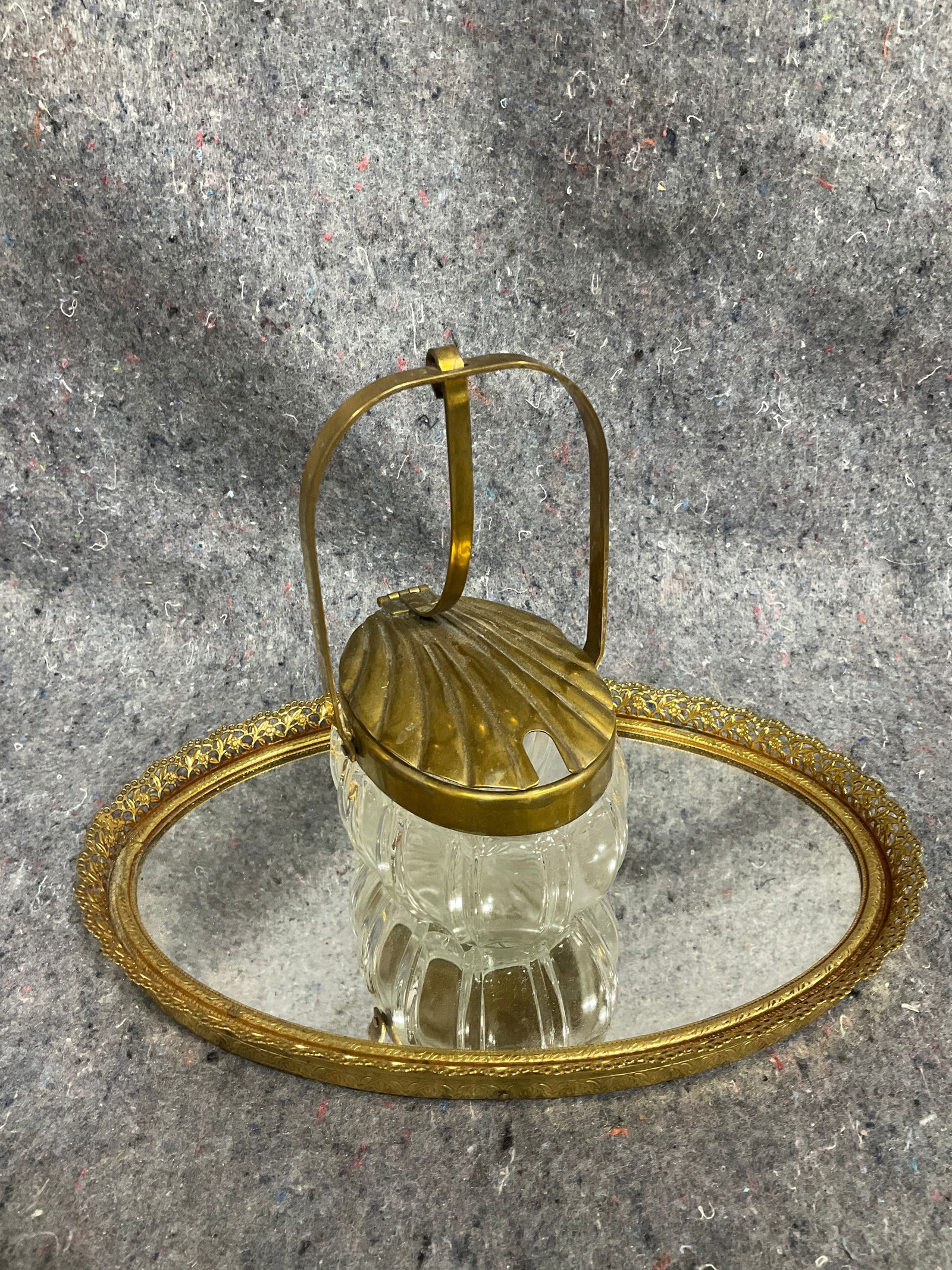 1930s art deco mirror dresser tray and glass jar with ornate brass lid and handle(6.5intall): 1930s art deco mirror dresser tray and glass jar with ornate brass lid and handle(6.5intall)