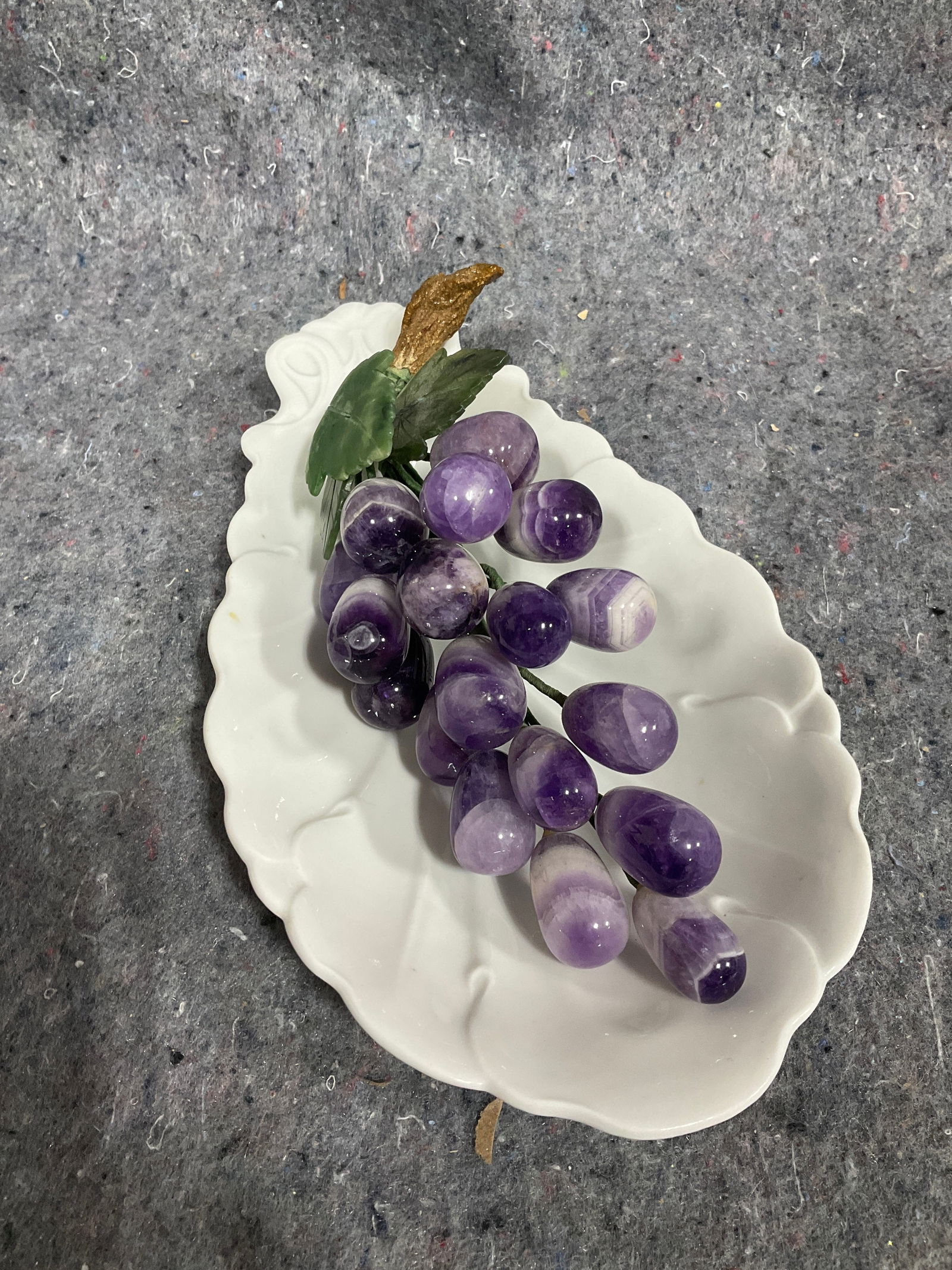 Amethyst stone grapes and glass candy dish: Amethyst stone grapes and glass candy dish