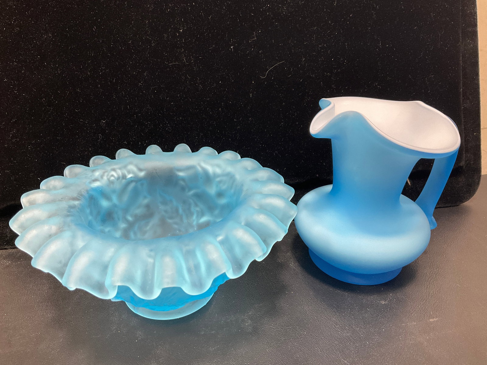 Westmoreland blue mist satin glass pedestal candy dish and blue frosted glass pitcher(4in tallest): Westmoreland blue mist satin glass pedestal candy dish and blue frosted glass pitcher(4in tallest)