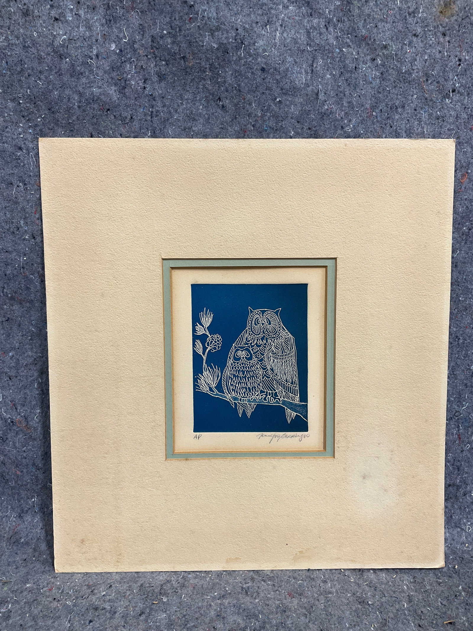 Owl family linocut lithograph signed Jennifer Marie Berringer(13inx14in): Owl family linocut lithograph signed Jennifer Marie Berringer(13inx14in)