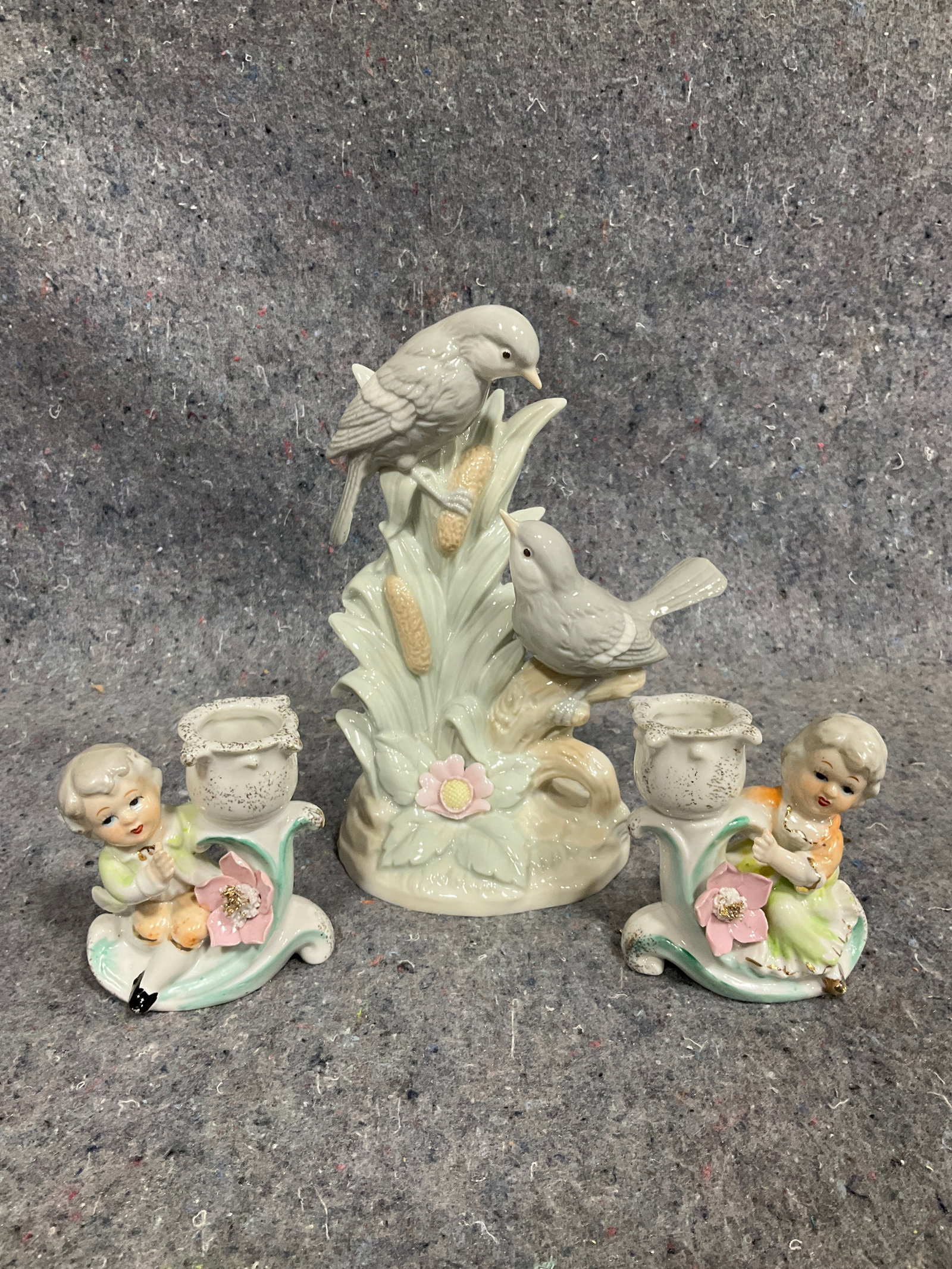 1980s blue birds porcelain figure and set of candleholders(7.5in tallest): 1980s blue birds porcelain figure and set of candleholders(7.5in tallest)