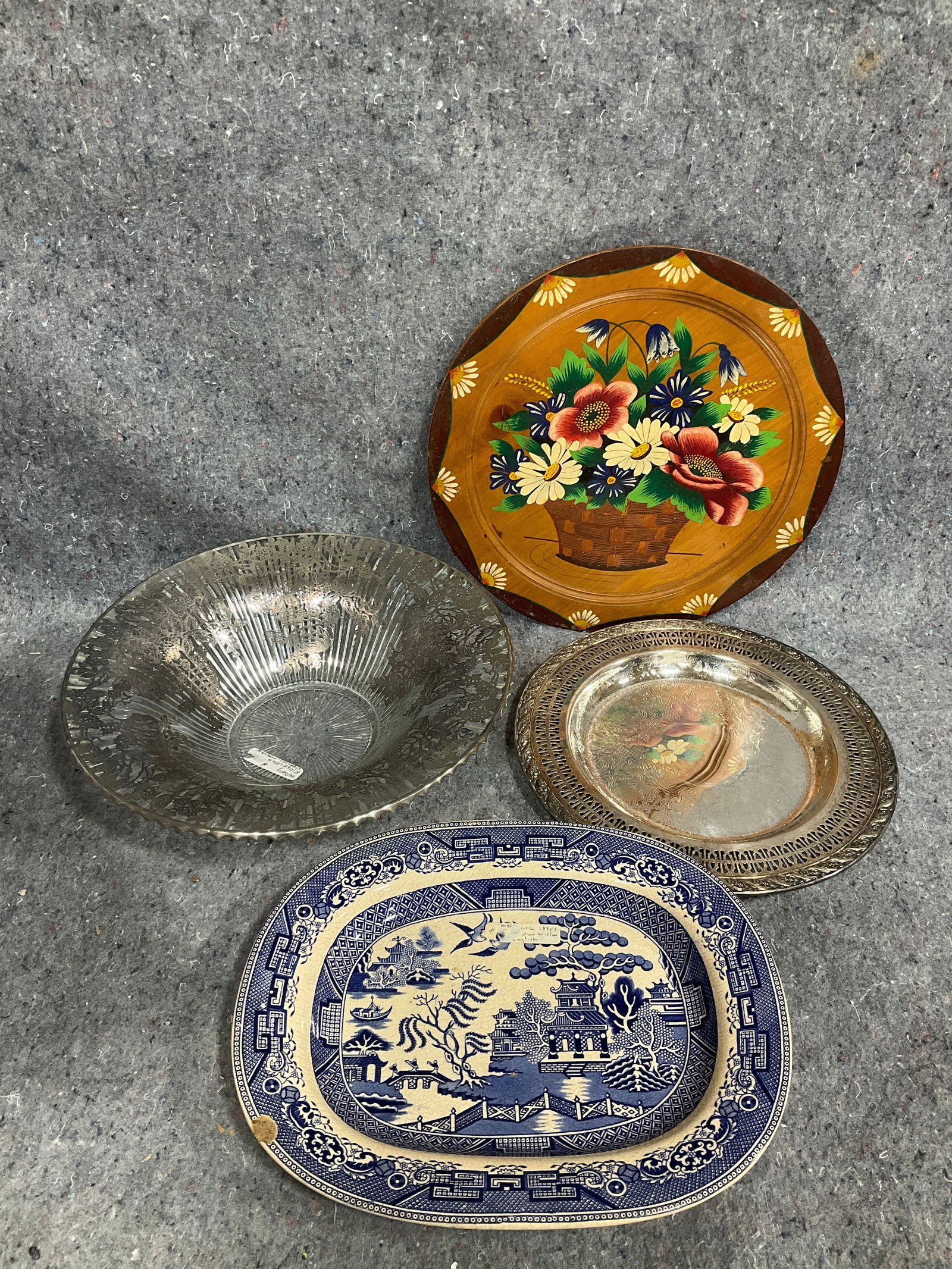 Vintage pressed glass punch bowl, pottery platter, and more): Vintage pressed glass punch bowl, pottery platter, and more)