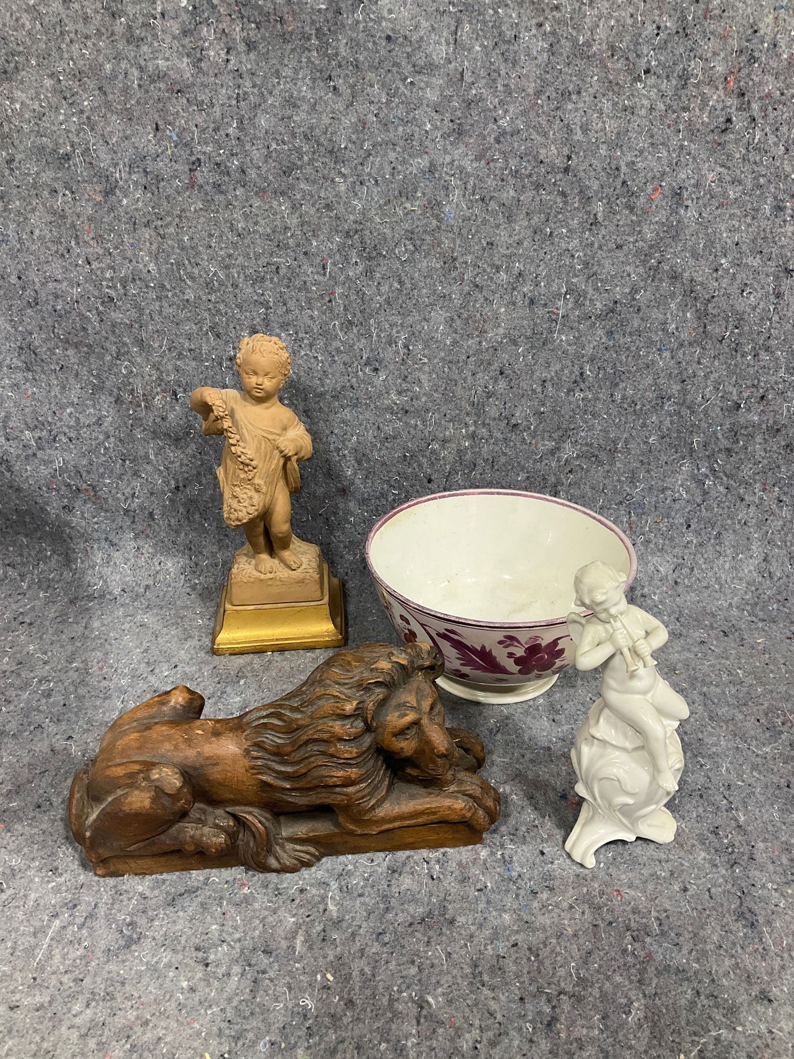 Vintage wood lion sculpture, cherub figurine, and more: Vintage wood lion sculpture, cherub figurine, and more