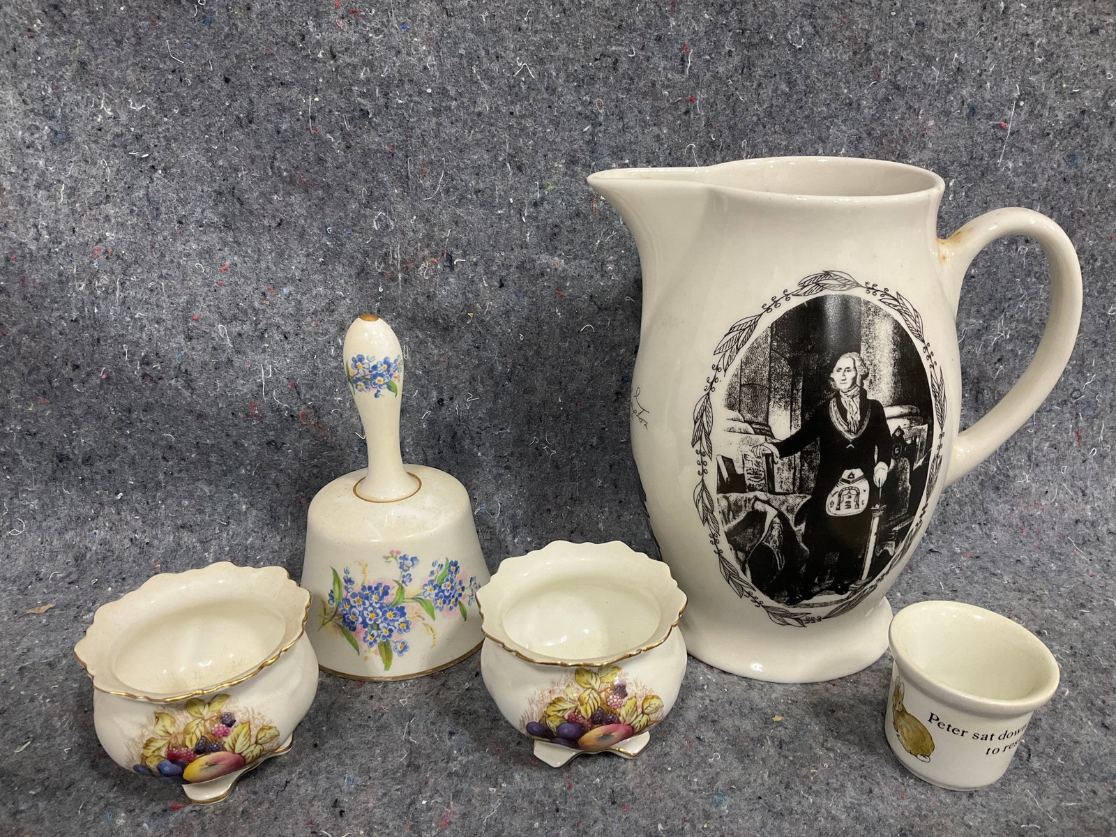 Hammersley bell, Aynsley bowls, and creamware jug pitcher(9in.tall): Hammersley bell, Aynsley bowls, and creamware jug pitcher(9in.tall)