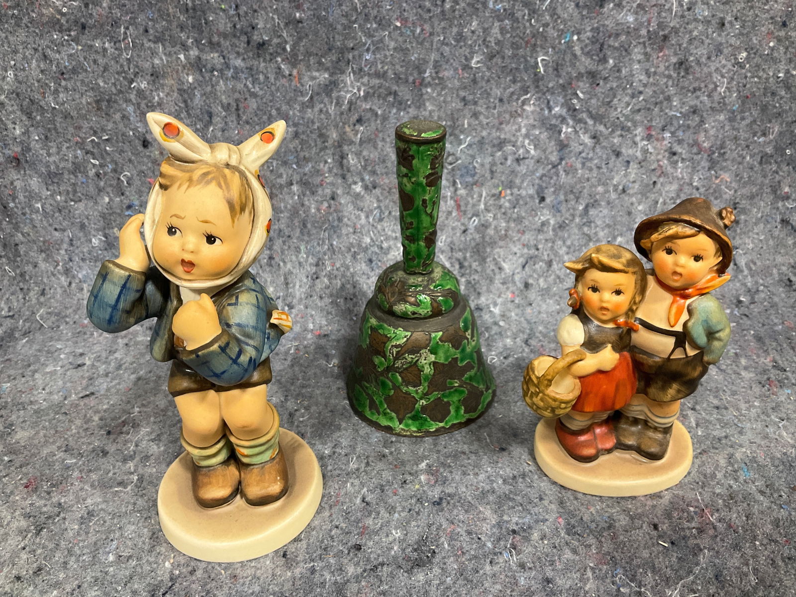 Ceramic Goebel Figures, and Silver Enameled Chinese Bell (Tallest - 5.5in): Ceramic Goebel Figures, and Silver Enameled Chinese Bell (Tallest - 5.5in)