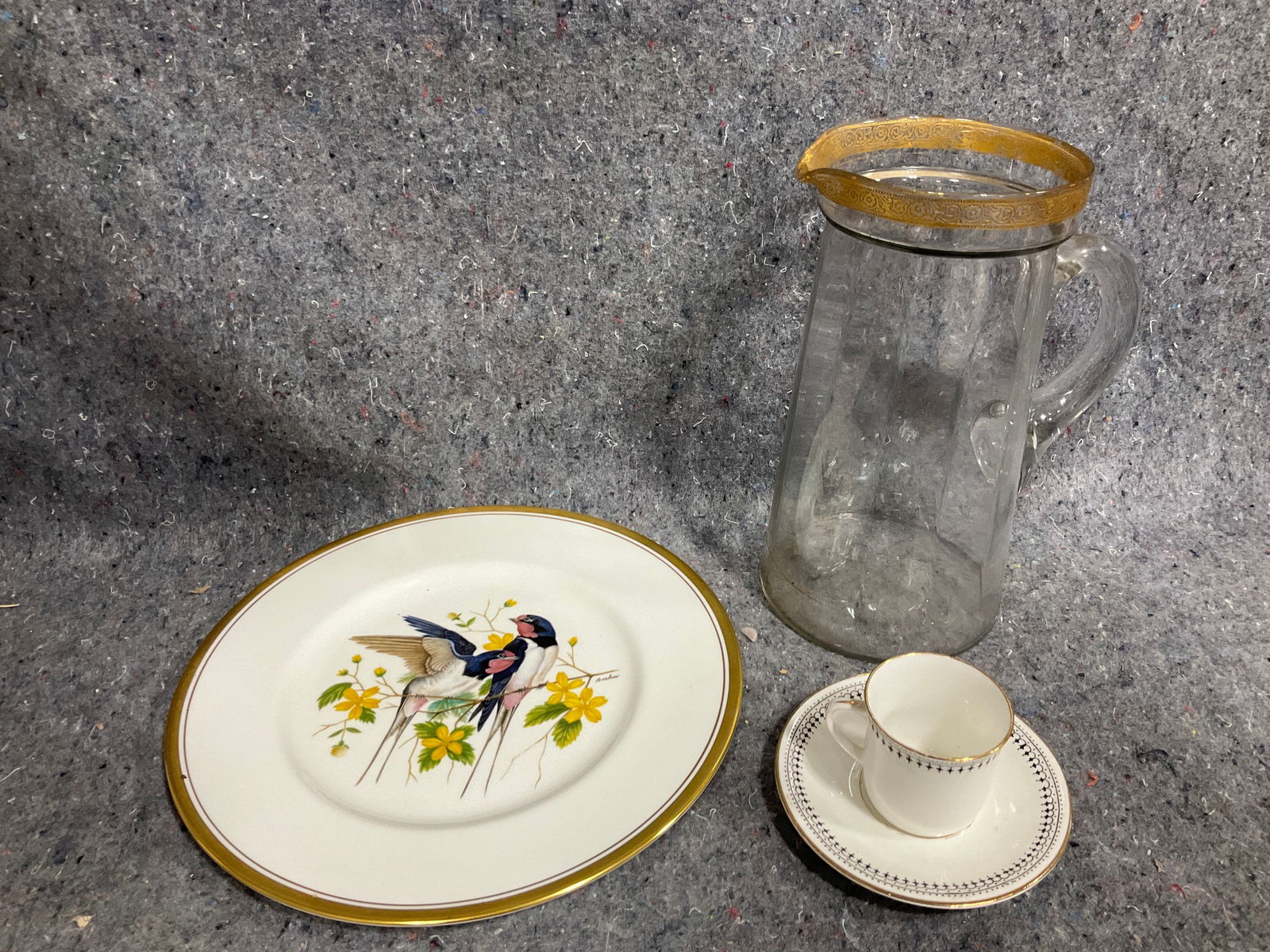 Gold trim collectible plate, Diamond miniature plate with cup, glass pitcher, and more: Gold trim collectible plate, Diamond miniature plate with cup, glass pitcher, and more