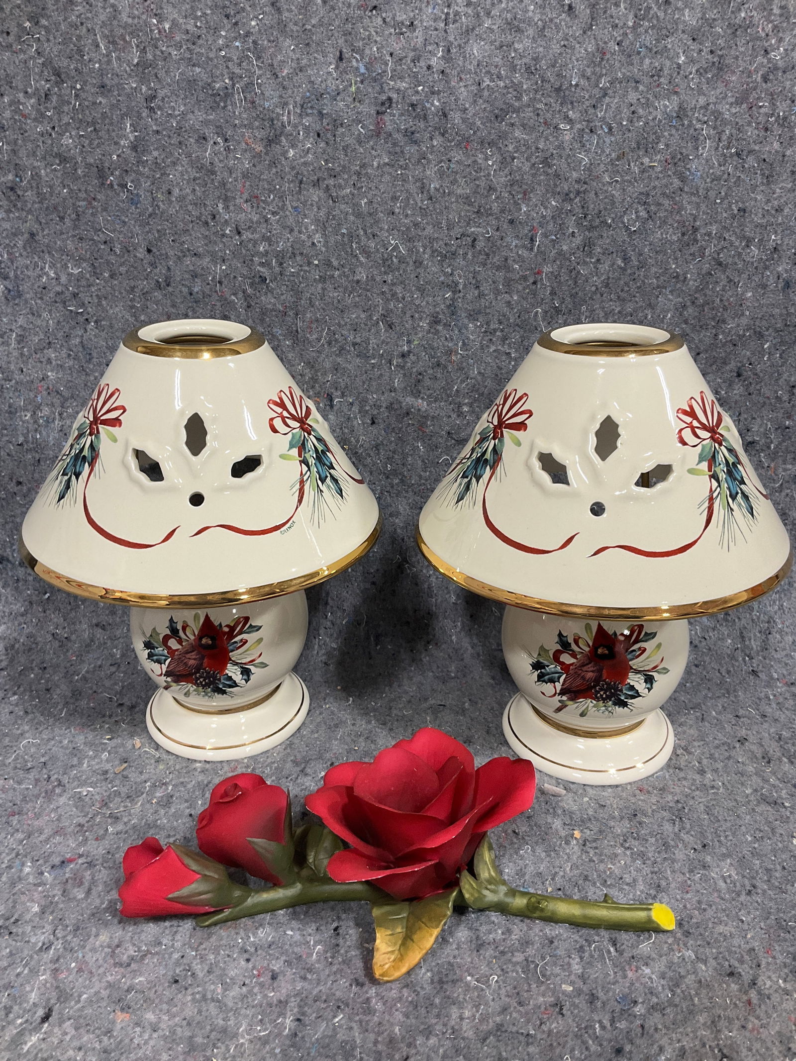Lenox tea light candle lamps(8in tall) and chipped rose decor: Lenox tea light candle lamps(8in tall) and chipped rose decor
