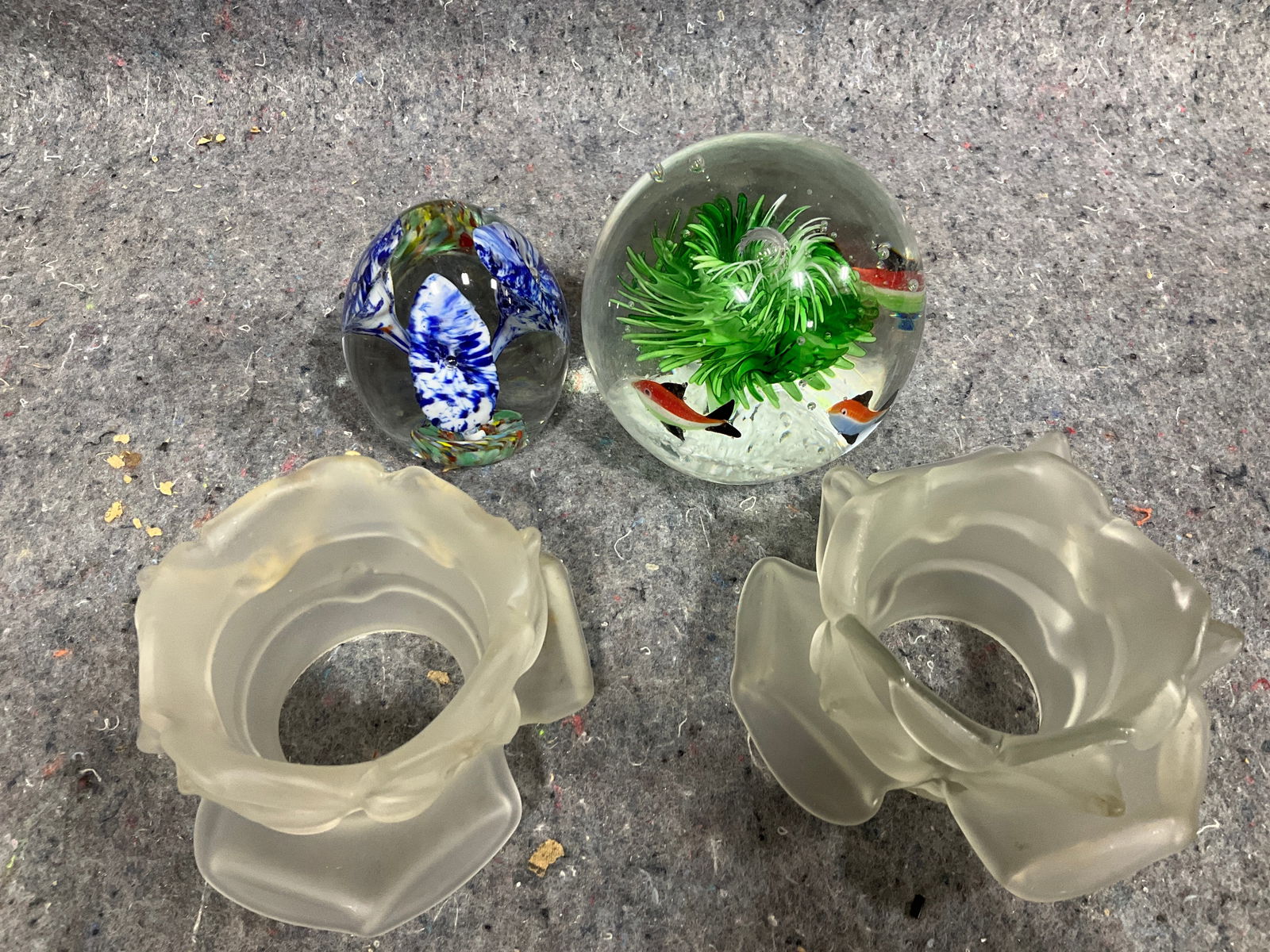 Glass paperweights and frosted candleholders(tallest 4.25in): Glass paperweights and frosted candleholders(tallest 4.25in)